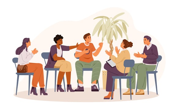 Man sharing his success in group therapy session flat illustration. People supporting and congratulating member of the group. vector