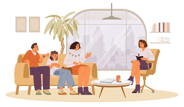 Family with teenage boy during psychotherapy session in a psychologist's office flat illustration. Woman family psychologist with patients in the interior. vector