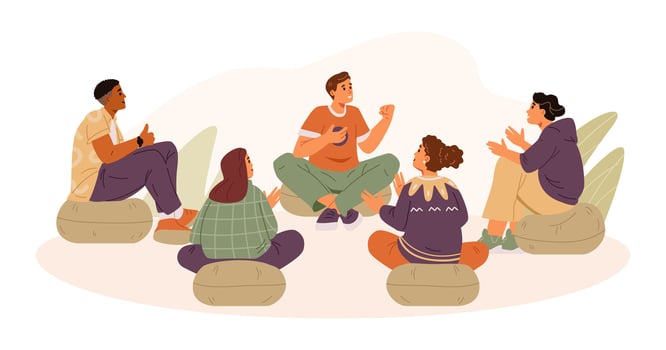Man sharing his success in group therapy session flat illustration. People applauding, supporting and congratulating member of the group. vector
