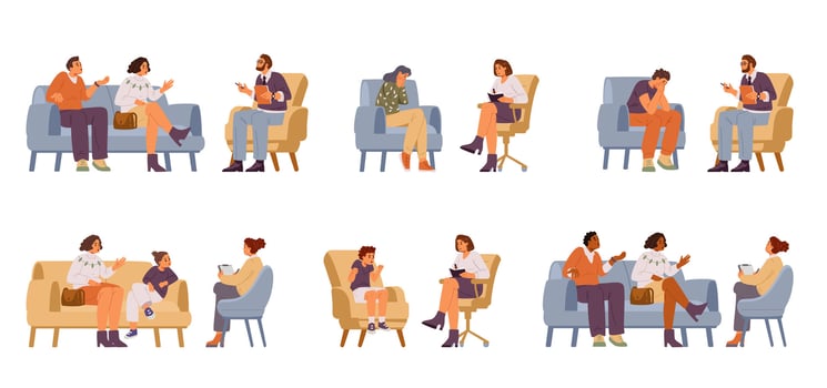 People during psychological therapy sessions flat illustrations set isolated on white. Couples, families, children, singles consulting a psychologist. vector