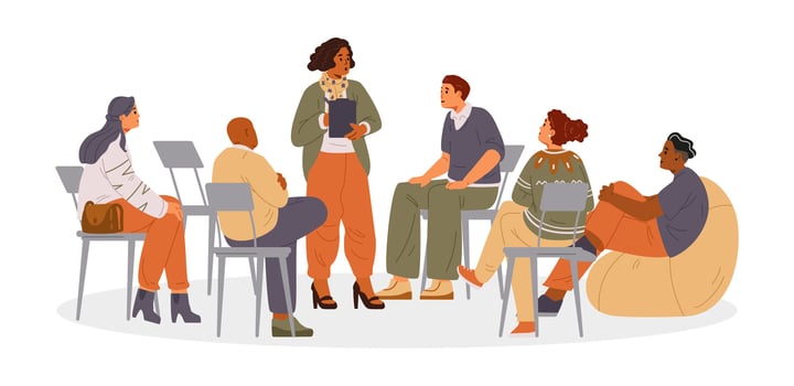 African American woman psychologist with patients on group therapy session flat illustration isolated on white. Diverse group of people sitting in circle. vector