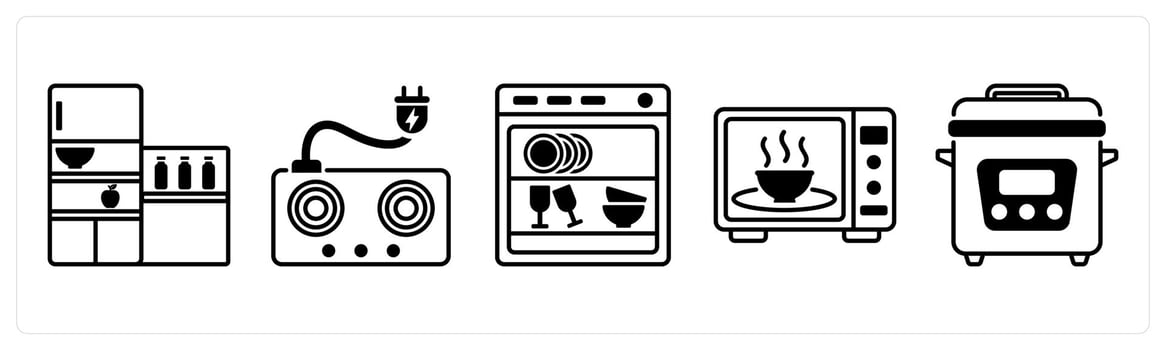 Set of 5 Home Appliances icons in black color as refrigerator, electric stove, dishwasher vector