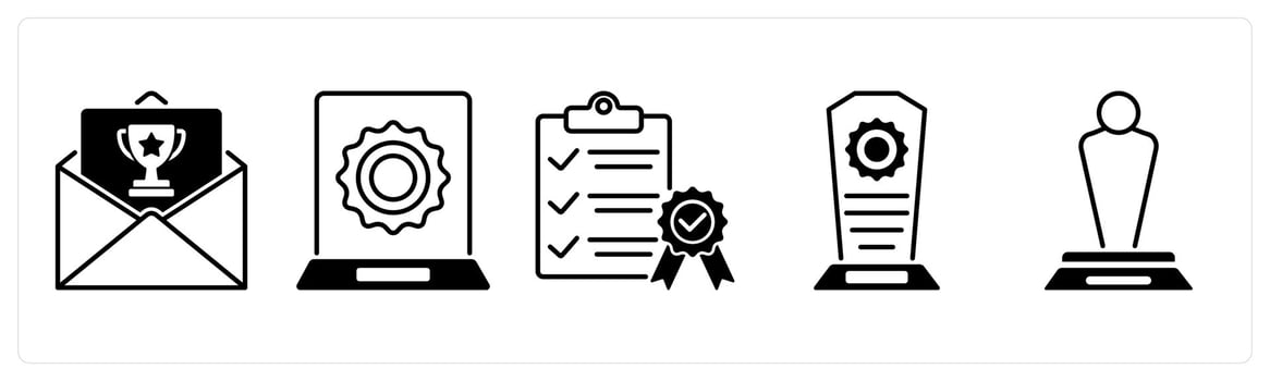 Set of 5 Award icons in black color as award invitation, award, qualified vector