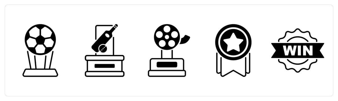 Set of 5 Award icons in black color as football trophy, cricket trophy, movie award vector