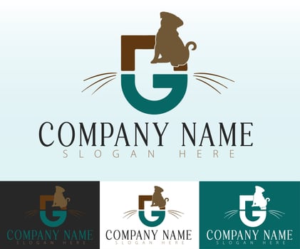 A minimalist pet business logo featuring the letter G creatively combined with a pug dog and cat whiskers. vector