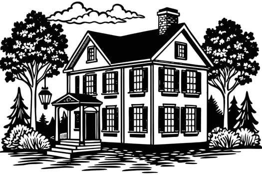 A vintage black and white illustration of a historic house. vector