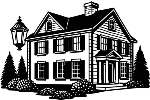 Classic Black and White Illustration of a Colonial House vector