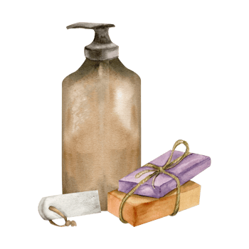 Glass soap jar, hand made piece of soap and female spa tool watercolor composition. Hand drawn women spa and wellness objects, cleaning and washing clipart for label, poster, spa web design png
