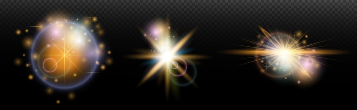 set of glowing, stars and light effects on a black background vector