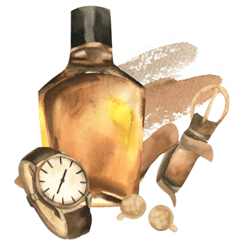 Gentlemen style composition with irish whiskey bottle, leather brown belt, waist watch and cufflinks watercolor illustration. Male accessories clipart, businessmen objects for card,invitation,poster png