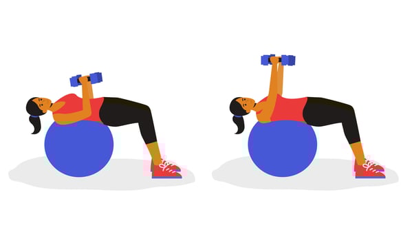 girl performing a Ball Chest Press exercise. The animation showcases controlled movements as she lies on a stability ball, holding dumbbells and pressing them upwards with proper form. vector