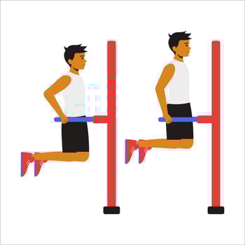 man doing dips, demonstrating proper form and muscle engagement. The animation highlights the triceps, shoulders, and chest as he lowers and pushes his body up, focusing on upper body strength vector