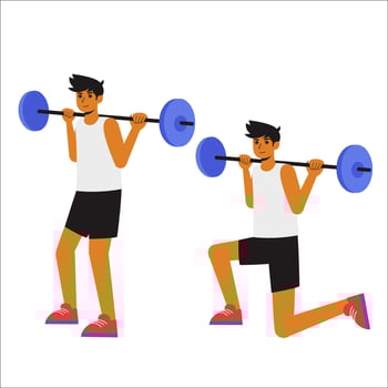 man performing barbell lunges, a powerful lower-body exercise that targets the legs and glutes. The character holds a barbell across his shoulders, maintaining proper posture as he steps forward into vector