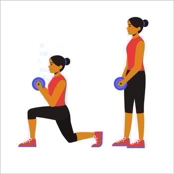 girl performing Dumbbell Lunges with proper form and control. The animation showcases her stepping forward into a lunge position while holding dumbbells, emphasizing balance, strength, and stability. vector