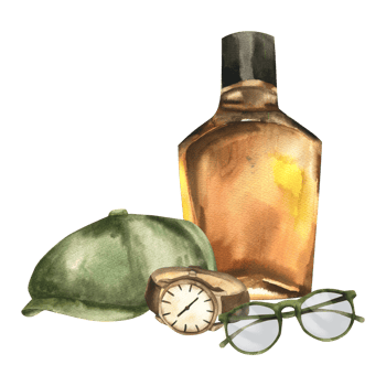 Irish whiskey in bottle, green gentlemen cap, wrist watches and glasses watercolor illustration. Hand drawn hipster style clipart,male accessories drawing for father's day, birthday card, party design png