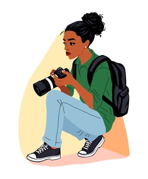 Young woman photographer is holding a camera vector