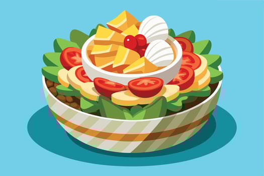 A healthy salad in a striped bowl. vector