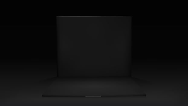 3d black empty room. Inside cube space with wall. Dark open studio interior mockup with limbo. Abstract advertising container for podium booth. Minimal indoor section for exhibition stall . vector