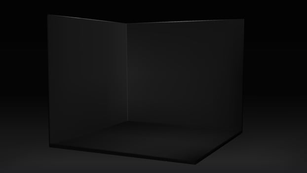3d black corner room. Empty cube box space with open interior mockup. Blank exhibition studio for stand or podium. Advertising container for product information. Indoor booth with minimal design. vector