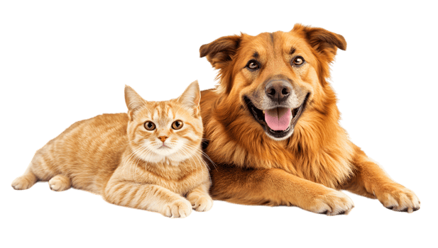 A dog and cat are sitting together on a black background png