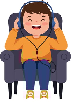 Happy child enjoying music while sitting in a cozy chair illustration vector