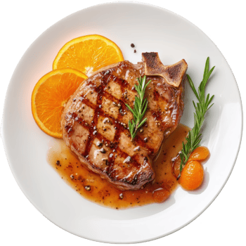 A plate with a pork chop and orange slices png