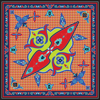 Colorful pattern with floral and butterfly designs on a red dotted background, enclosed by a decorative border. vector