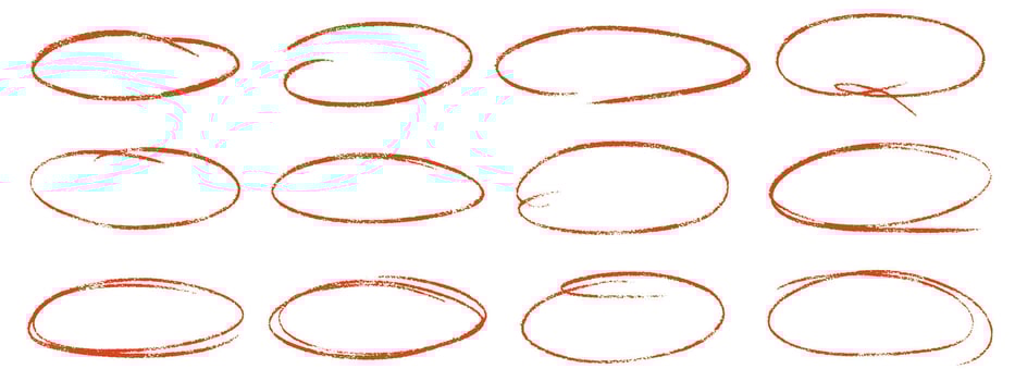 Red crayon ovals and circles set. Hand draw ellipses in red pencil doodle style for diagrams. Round marker freehand shapes, emphasis highlights rough thin frames. illustration. vector