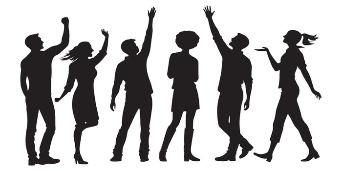 Silhouettes of happy people raising hands and greeting, diverse men and women in casual poses celebrating, social interaction illustration for community, friendship and success vector