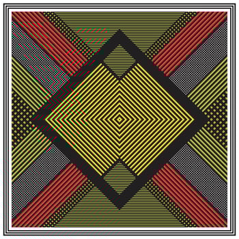 Abstract geometric pattern with red, yellow, and white elements on a black background, A square pattern featuring bold red, yellow, and black stripes arranged in a striking design. vector