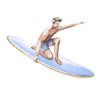 Young man on a surfboard. Isolated watercolor illustration on the theme of surfing for the design of cafes, restaurants, sports stores, sports magazines and websites. png