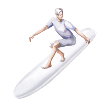 Guy on a surfboard in a T-shirt and shorts. Isolated watercolor illustration on the theme of surfing for the design travel agencies, restaurants, sports stores, sports magazines and websites. png
