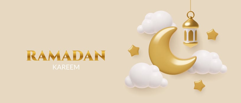 Ramadan Kareem poster in a 3d style with golden crescent hanging lantern stars and clouds vector