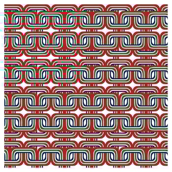 Repetitive geometric pattern in earthy green, brown, and beige tones., Colorful geometric pattern with interlocking shapes in red, green, white, and black. vector