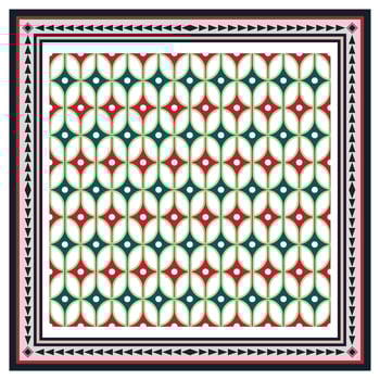 Intricate geometric scarf, square shape print pattern with a green, red, blue, and beige design inside a decorative border. vector