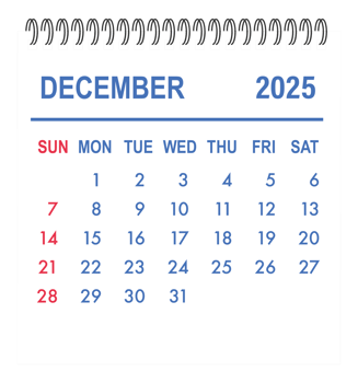 December 2025 calendar page showing days, weeks and months png