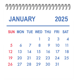 January 2025 calendar page showing days, weeks and months png