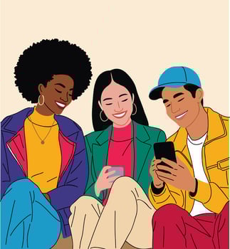 Young people are sitting together looking at phone vector