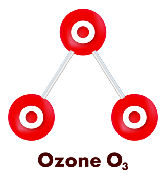 Ozone O3 molecule model with three oxygen atoms forming a triangular structure png