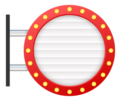 Round white sign with red frame and light bulbs hanging on a metal pole png