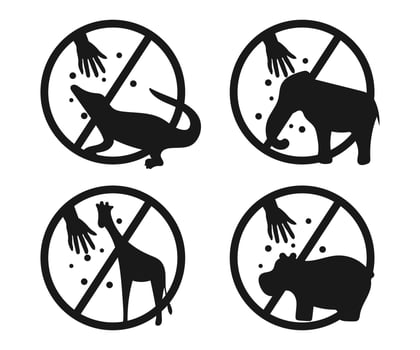 Prohibition signs featuring a hand offering food to wild animals, including crocodile, elephant, giraffe, and hippopotamus, not feeding zoo animals vector