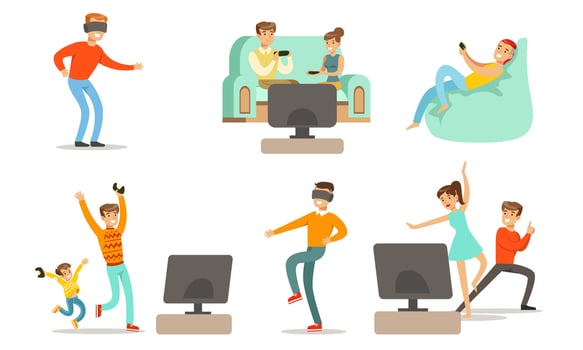 People Playing Games Set, Men, Happy Women and Kids Characters Relaxing at Home Illustration vector