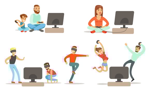 People Playing Games , Set, Men, Happy Women and Kids Characters with Vr Glasses and Digital Gadget Devices Relaxing at Home Illustration vector