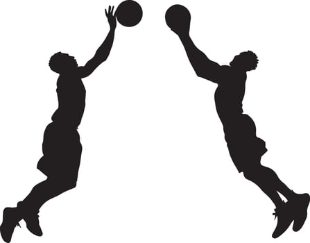 Silhouette of two basketball players in mid-air, preparing to pass the ball. vector
