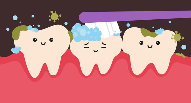 Cleaning dirty teeth using toothbrush cartoon character in flat design. Templates for children's dentistry health care concep vector