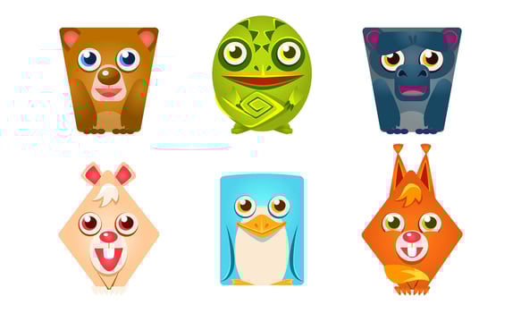 Cute Animals of Geometric Shape Set, Bear, Frog, Bull, Rabbit, Penguin, Fox Illustration vector