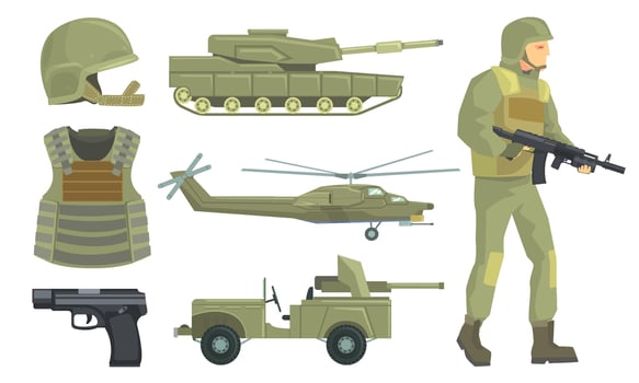 Military Vehicles, Weapon and Soldier in Army Uniform Set Illustration vector
