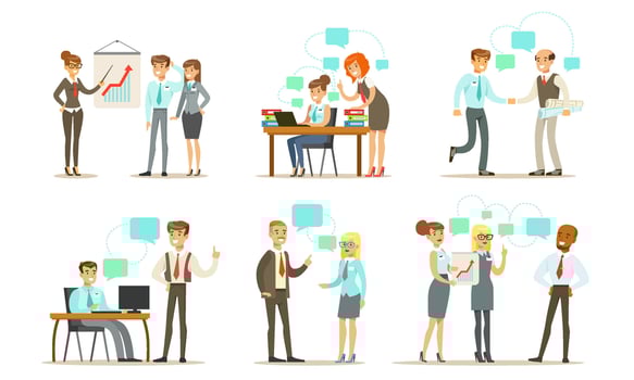Business People Characters Working in the Office Set, Male and Female Managers or Employees Metting, Discussing Projects and Working Together Illustration vector