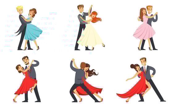 Dancing Couples Set, Professional Dancers Performing Tango, Waltz And Other Dances Illustration vector