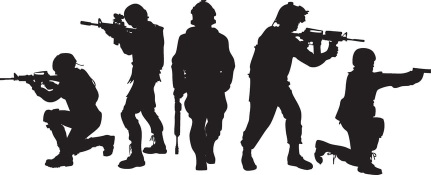 silhouettes of soldiers with guns and rifles vector